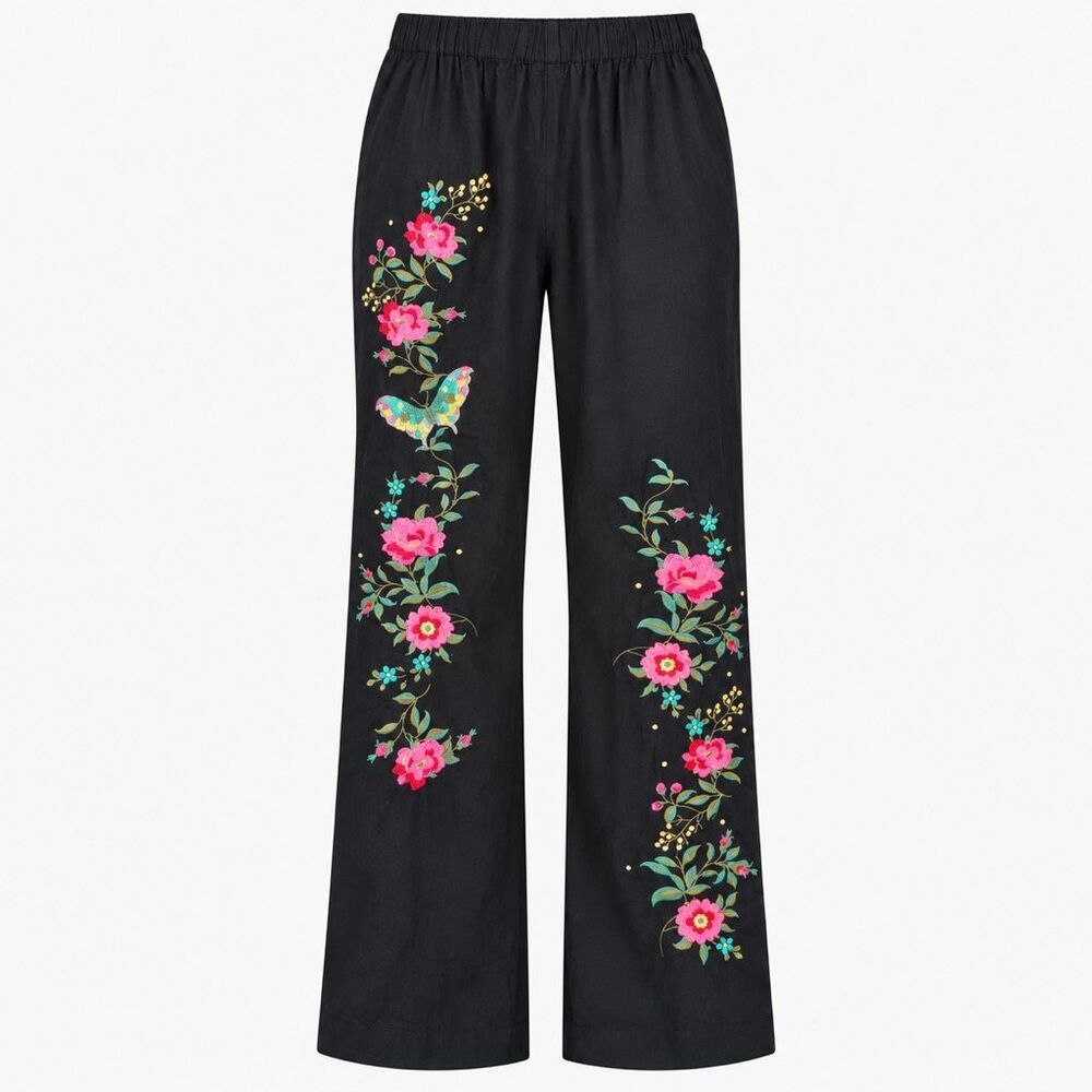 The Pyramid Collection Embroidered Floral Straight Pull-on Pants boho Black L NE